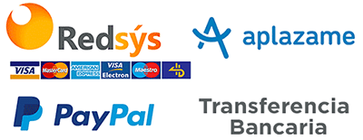 Métodos de pago de la tienda online. Redsys, aplázame, transferencia bancaria y Paypal